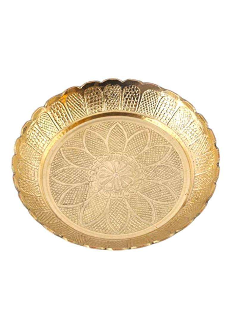 Bhakti Shringar Gold Pure Brass Flower Embossed Design Pooja Plate Puja Thali 12 Inch Diameter - Indya