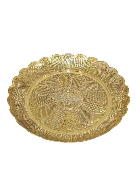 Bhakti Shringar Gold Pure Brass Flower Embossed Design Pooja Plate Puja Thali 12 Inch Diameter
