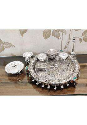Mishita Collections German Silver Hand Engraved Heavy Pooja Thali Diameter 11 Set of 8