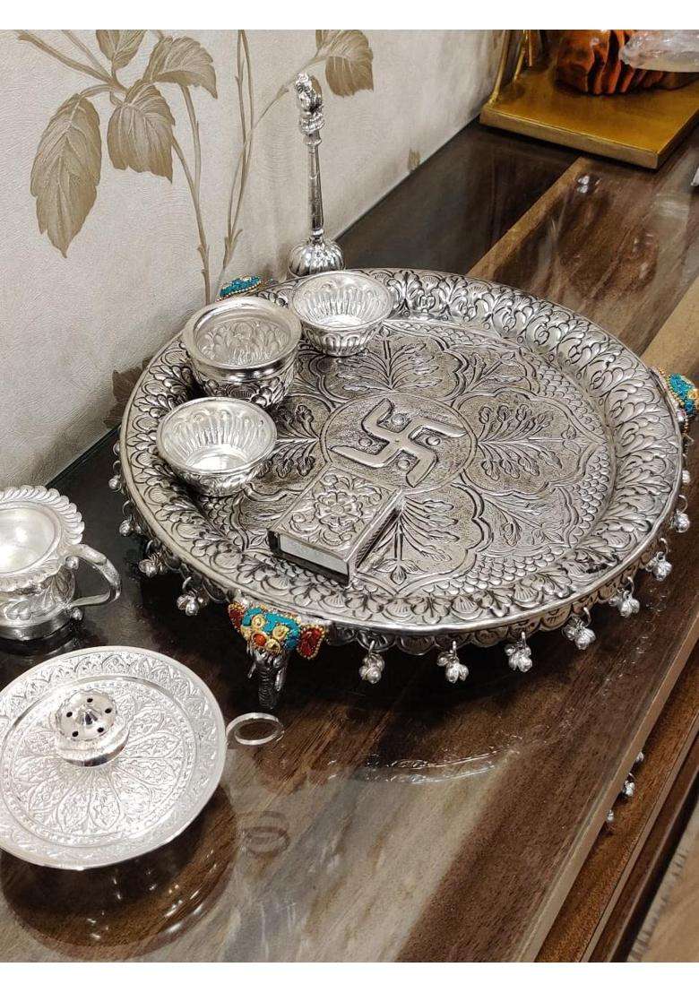 Mishita Collections German Silver Hand Engraved Heavy Pooja Thali Diameter 11 Set of 8 - Indya