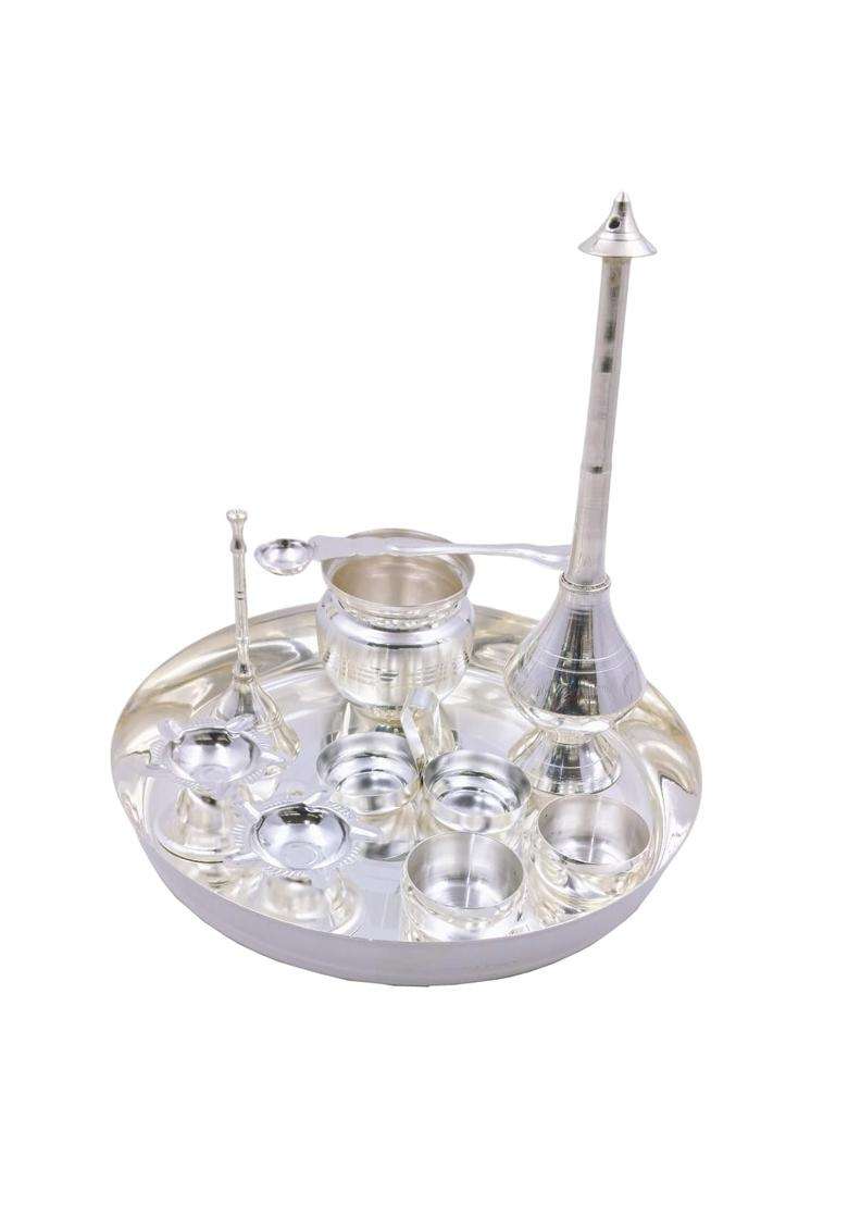 OJAS Silver Plated Pooja Thali Set 8 Point 3 Inch Thali Kalash Wati Diya Palli Bell Kumkum Holder Gulabdani - Indya