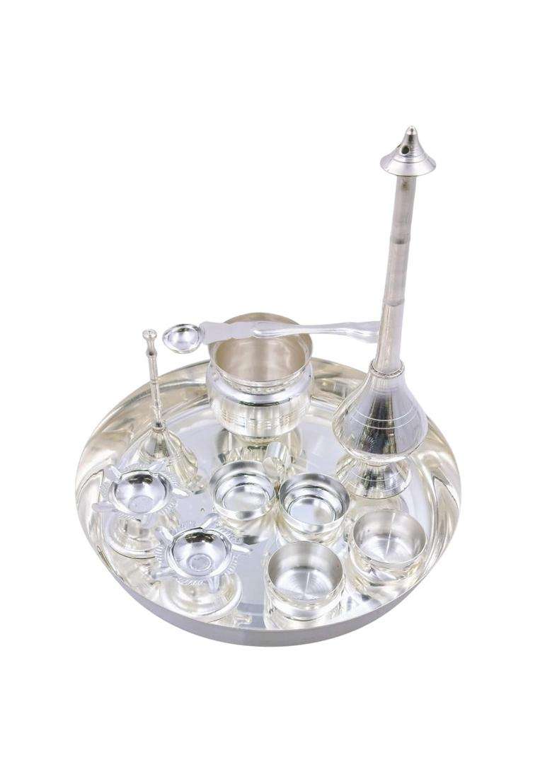 OJAS Silver Plated Pooja Thali Set 8 Point 3 Inch Thali Kalash Wati Diya Palli Bell Kumkum Holder Gulabdani - Indya