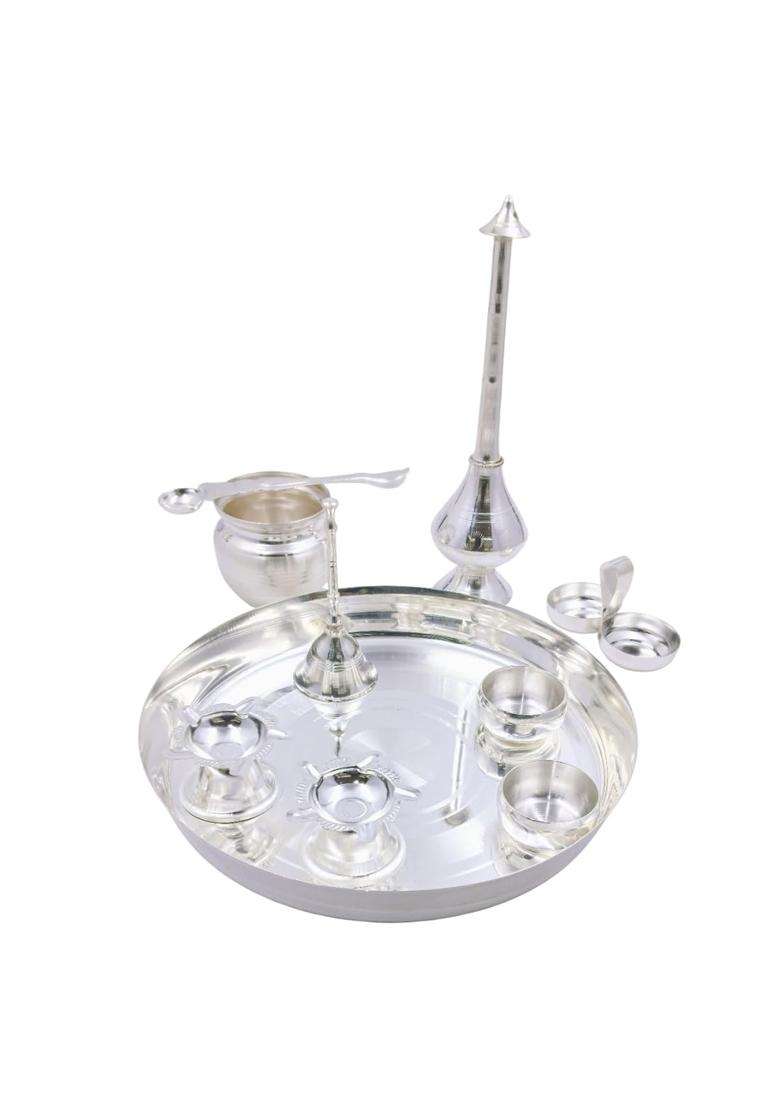 OJAS Silver Plated Pooja Thali Set 8 Point 3 Inch Thali Kalash Wati Diya Palli Bell Kumkum Holder Gulabdani - Indya