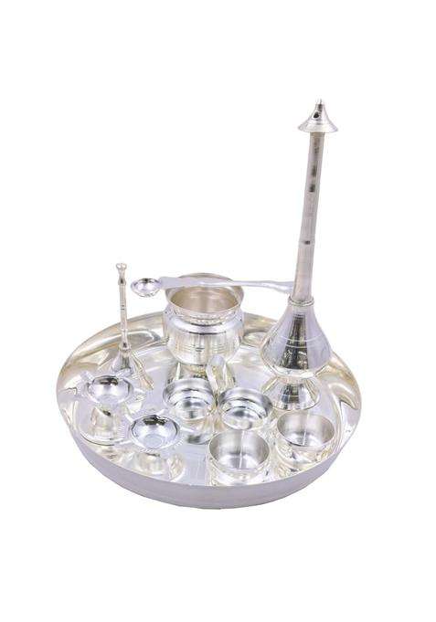 OJAS Silver Plated Pooja Thali Set 8 Point 3 Inch Thali Kalash Wati Diya Palli Bell Kumkum Holder Gulabdani
