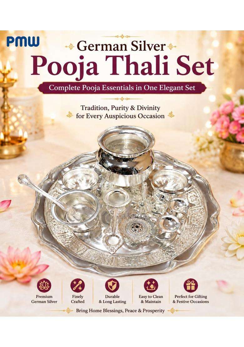 Padmavathi Enterprises PE German Silver Pooja Thali Set Complete Pooja Essentials with Thali Plate Chembu - Indya