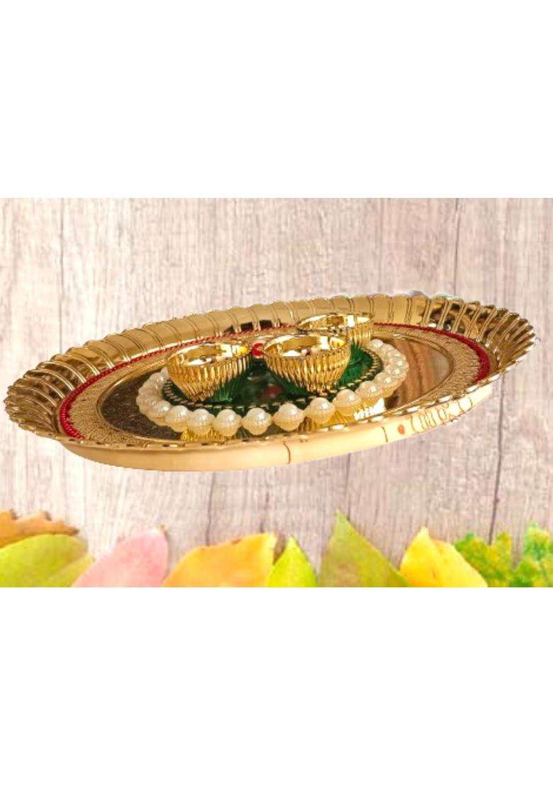 Golden P a Latest Decorative Set Haldi Kumkum Holder Rolli Chawal Box for Rakhi Wedding Festival 8 Inch 15 - Indya