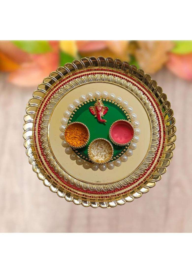 Golden P a Latest Decorative Set Haldi Kumkum Holder Rolli Chawal Box for Rakhi Wedding Festival 8 Inch 15 - Indya