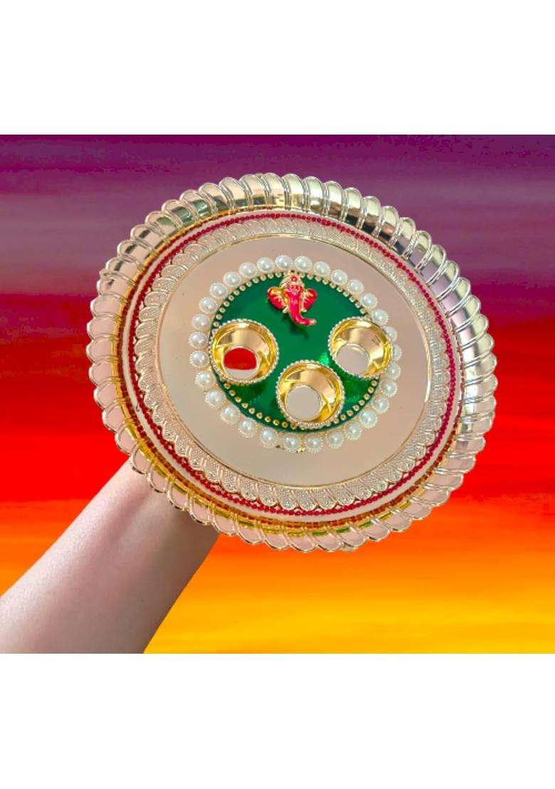 Golden P a Latest Decorative Set Haldi Kumkum Holder Rolli Chawal Box for Rakhi Wedding Festival 8 Inch 15 - Indya