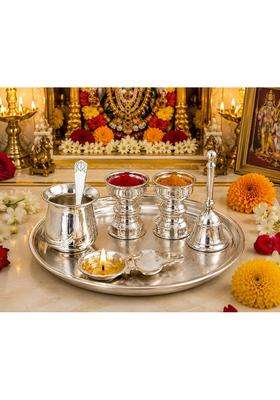 Sgr Handicrafts German Silver Pooja Thali Set 6 Pieces Decorative Puja Plate with Kalash 2 Kumkum Bowls