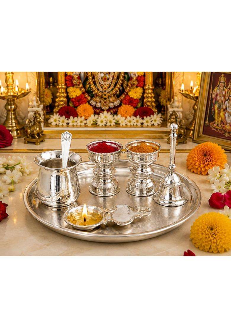 Sgr Handicrafts German Silver Pooja Thali Set 6 Pieces Decorative Puja Plate with Kalash 2 Kumkum Bowls - Indya
