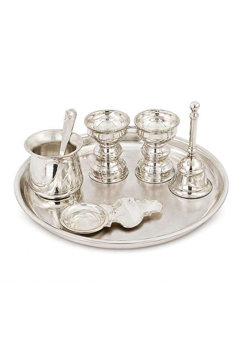 Sgr Handicrafts German Silver Pooja Thali Set 6 Pieces Decorative Puja Plate with Kalash 2 Kumkum Bowls - Indya