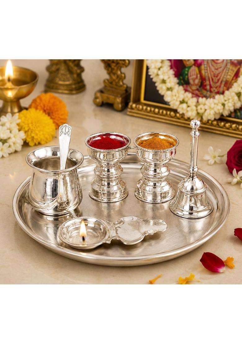 Sgr Handicrafts German Silver Pooja Thali Set 6 Pieces Decorative Puja Plate with Kalash 2 Kumkum Bowls - Indya