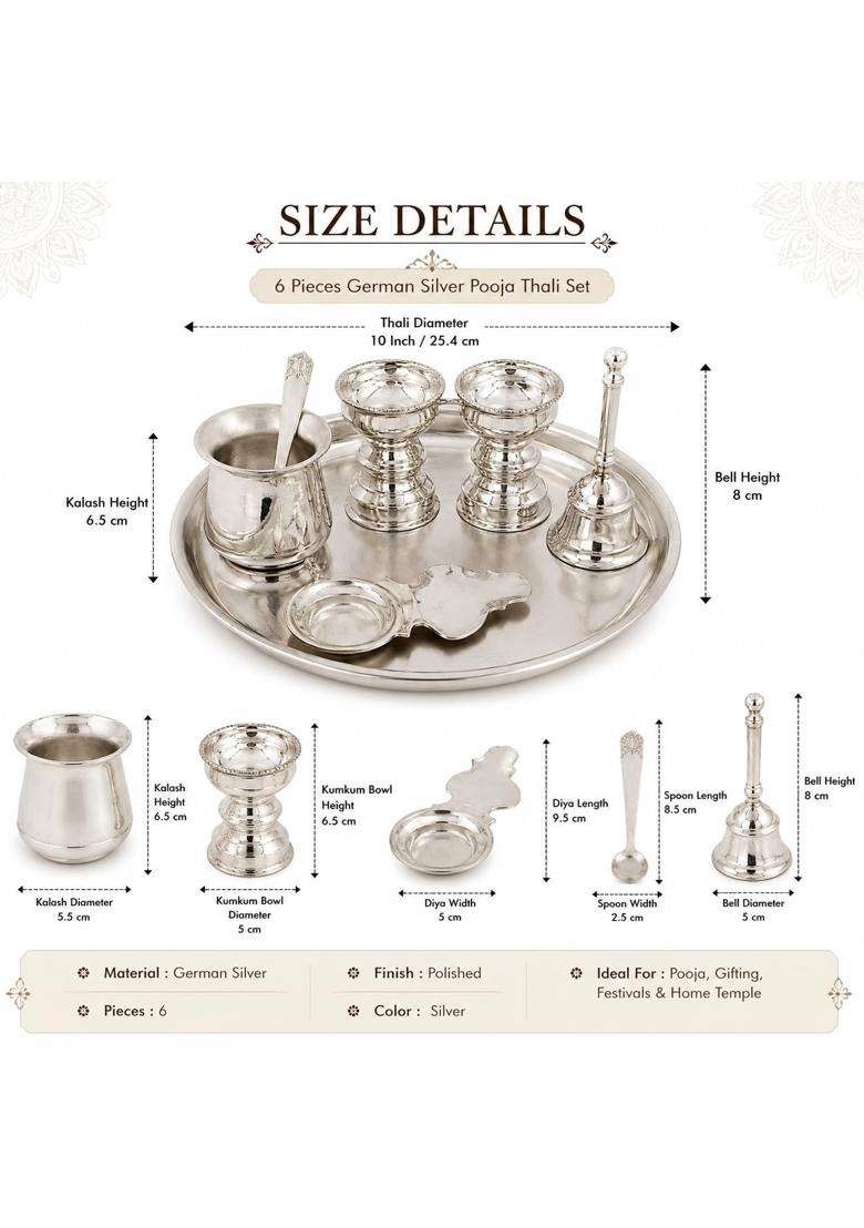 Sgr Handicrafts German Silver Pooja Thali Set 6 Pieces Decorative Puja Plate with Kalash 2 Kumkum Bowls - Indya