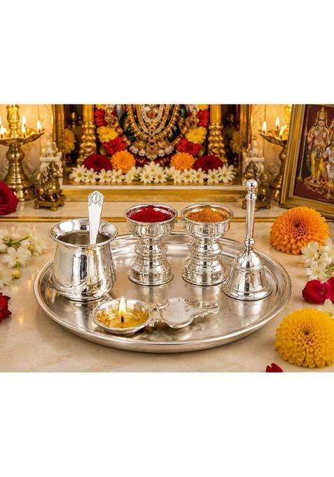 Sgr Handicrafts German Silver Pooja Thali Set 6 Pieces Decorative Puja Plate with Kalash 2 Kumkum Bowls