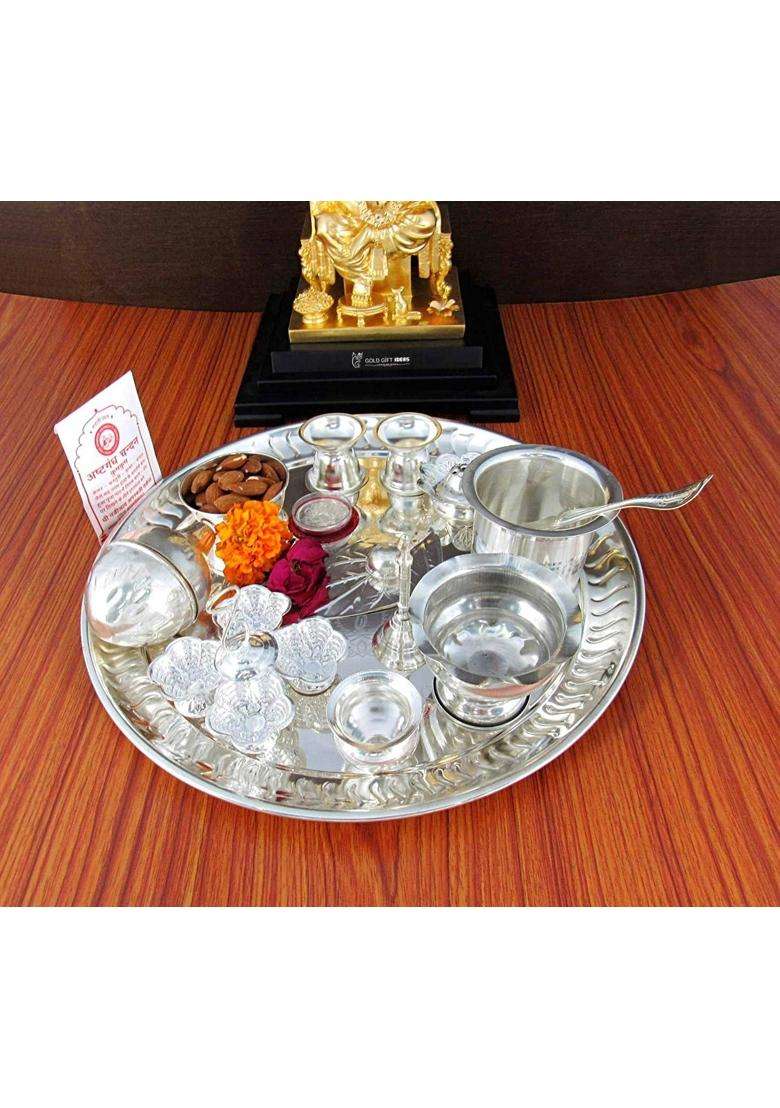 Goldgiftideas 12 Inch Aishwarya Pooja Thali Set Wedding Special Pooja Thali Decorative Diwali Pooja Thali Set - Indya