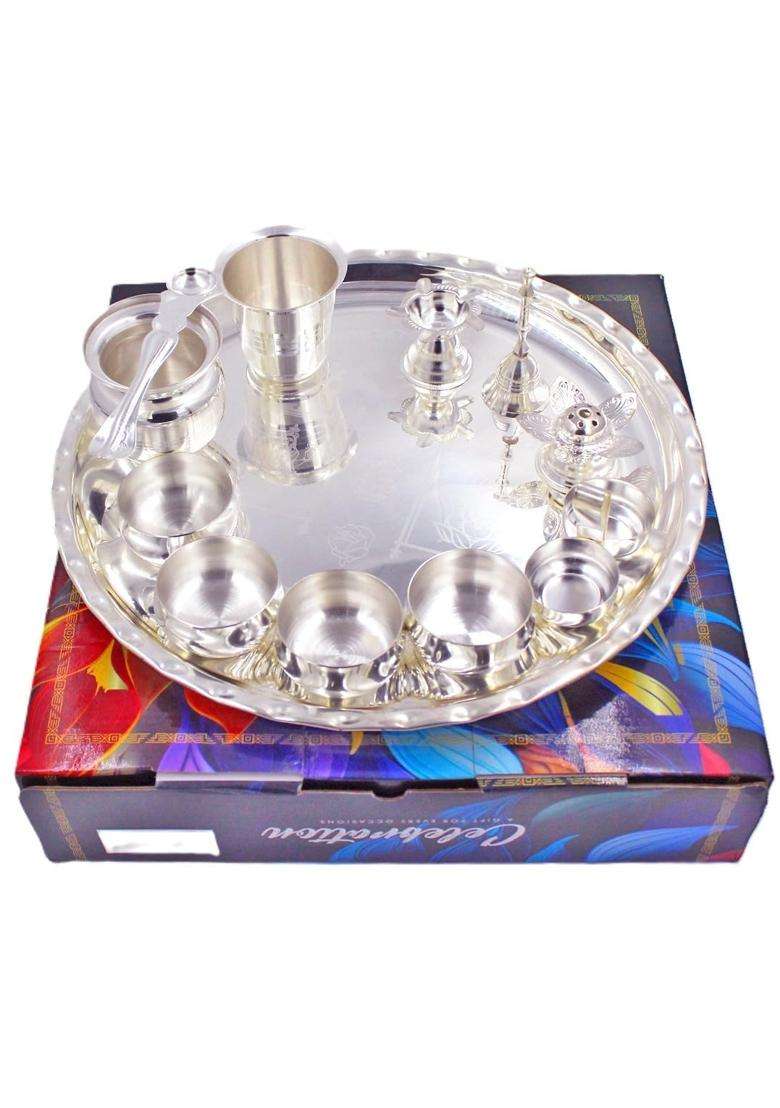 OJAS Silver Plated Pooja Thali Set for Gifting Guest Serving Return Gifting Occasionally Gifting - Indya