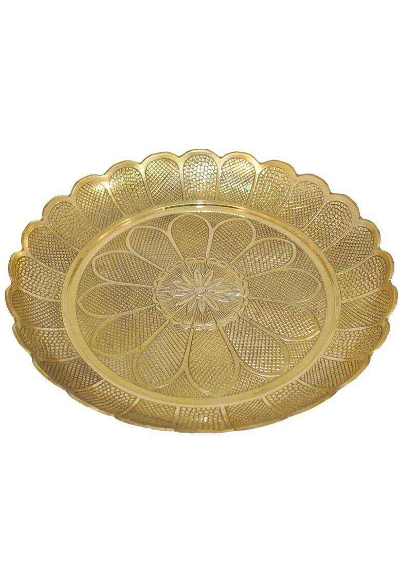 Skywalk Gold Handmade Brass Puja Thali with Flower Emossed Design - Indya
