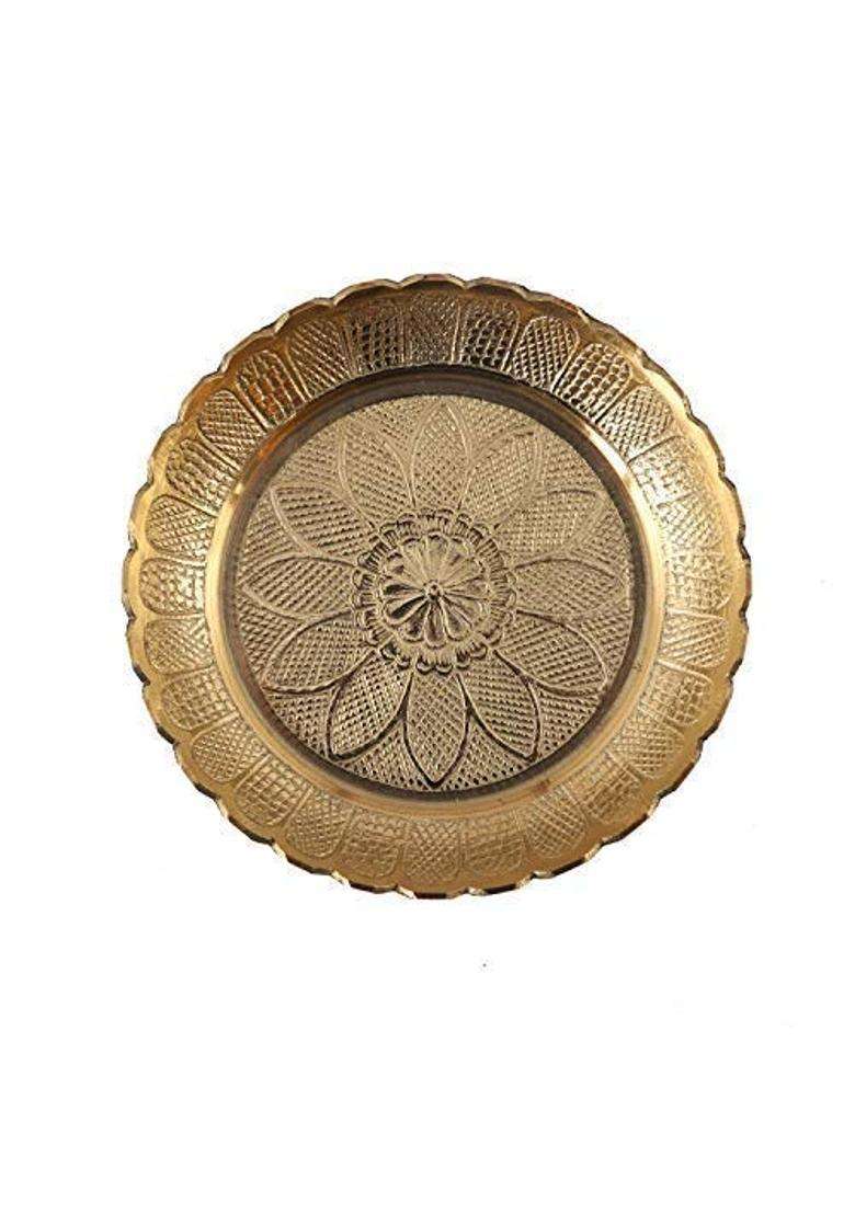 Skywalk Gold Handmade Brass Puja Thali with Flower Emossed Design - Indya