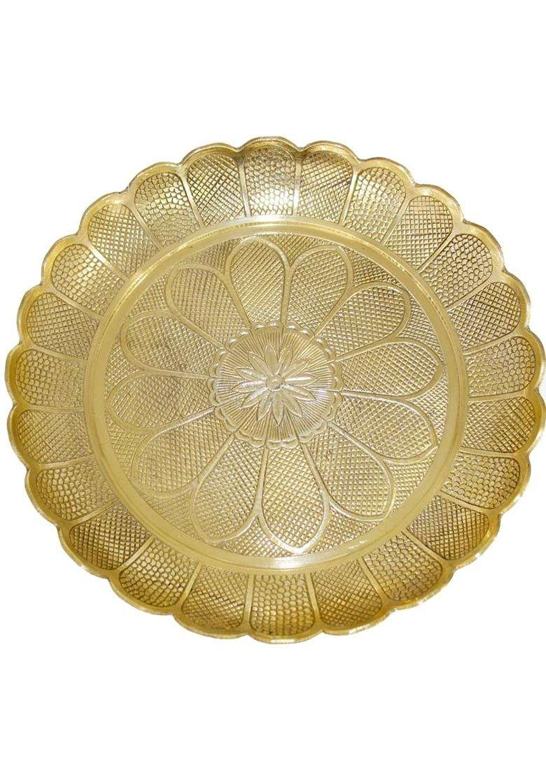 Skywalk Gold Handmade Brass Puja Thali with Flower Emossed Design - Indya