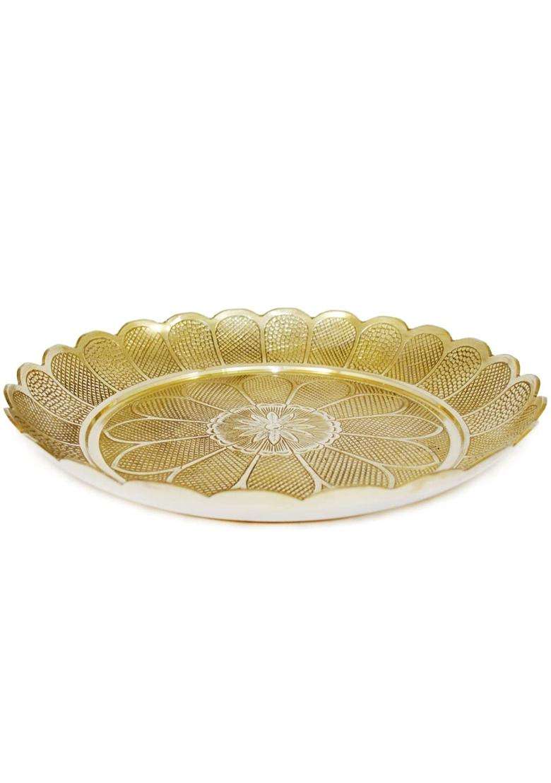 Skywalk Gold Handmade Brass Puja Thali with Flower Emossed Design - Indya