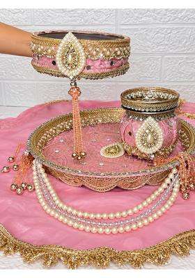 Pink and Gold Karwa Chauth Thali Set with Pearl and Stone Work