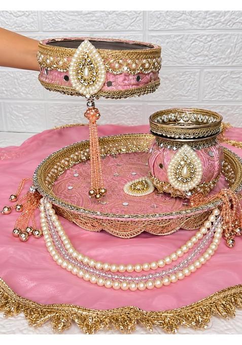 Pink and Gold Karwa Chauth Thali Set with Pearl and Stone Work