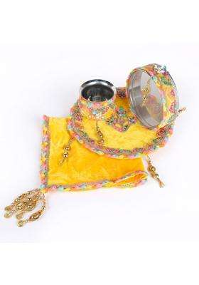 Satvik Yellow 11 Pcs Karwa Chauth Thali Set Embroidery Puja Kit with Channi Lota Diya Mehndi Bindi Roli Chawal