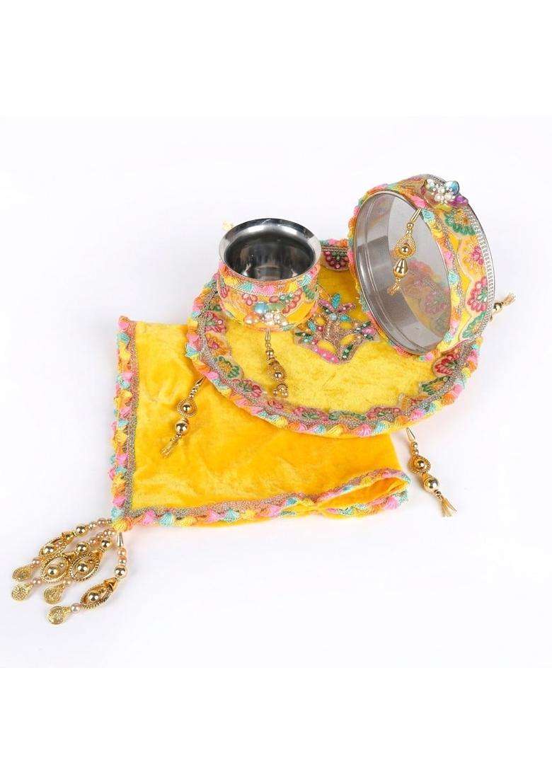 Satvik Yellow 11 Pcs Karwa Chauth Thali Set Embroidery Puja Kit with Channi Lota Diya Mehndi Bindi Roli Chawal - Indya