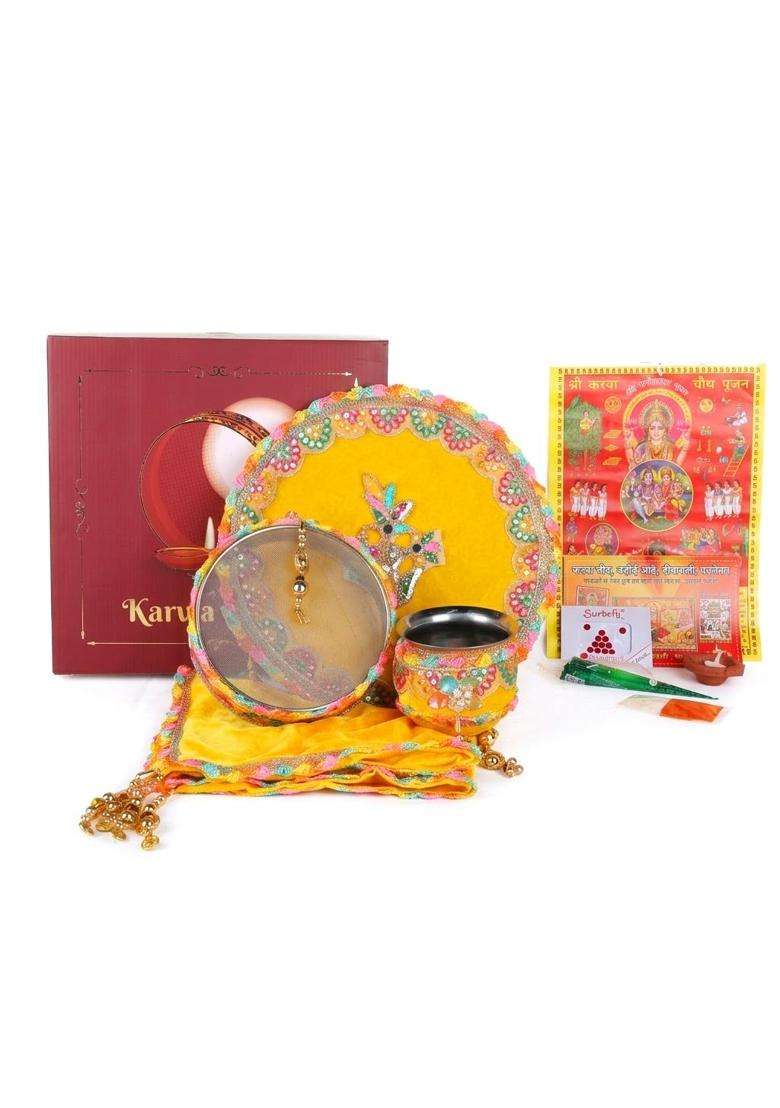 Satvik Yellow 11 Pcs Karwa Chauth Thali Set Embroidery Puja Kit with Channi Lota Diya Mehndi Bindi Roli Chawal - Indya