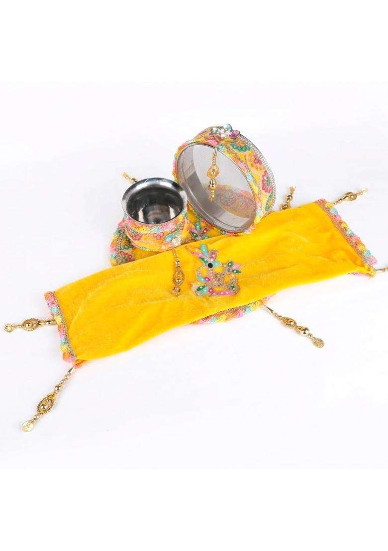 Satvik Yellow 11 Pcs Karwa Chauth Thali Set Embroidery Puja Kit with Channi Lota Diya Mehndi Bindi Roli Chawal - Indya