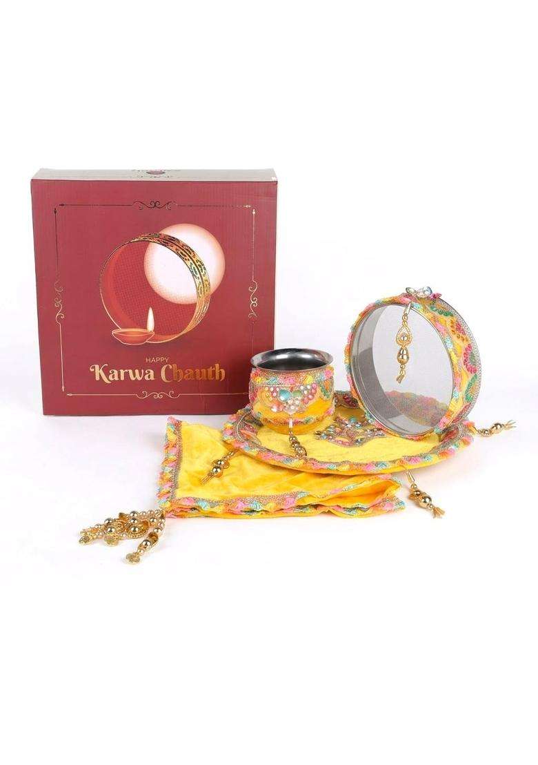 Satvik Yellow 11 Pcs Karwa Chauth Thali Set Embroidery Puja Kit with Channi Lota Diya Mehndi Bindi Roli Chawal - Indya