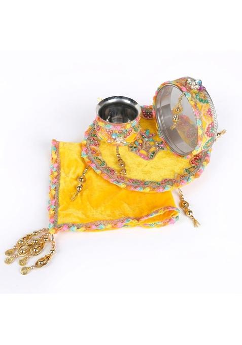 Satvik Yellow 11 Pcs Karwa Chauth Thali Set Embroidery Puja Kit with Channi Lota Diya Mehndi Bindi Roli Chawal