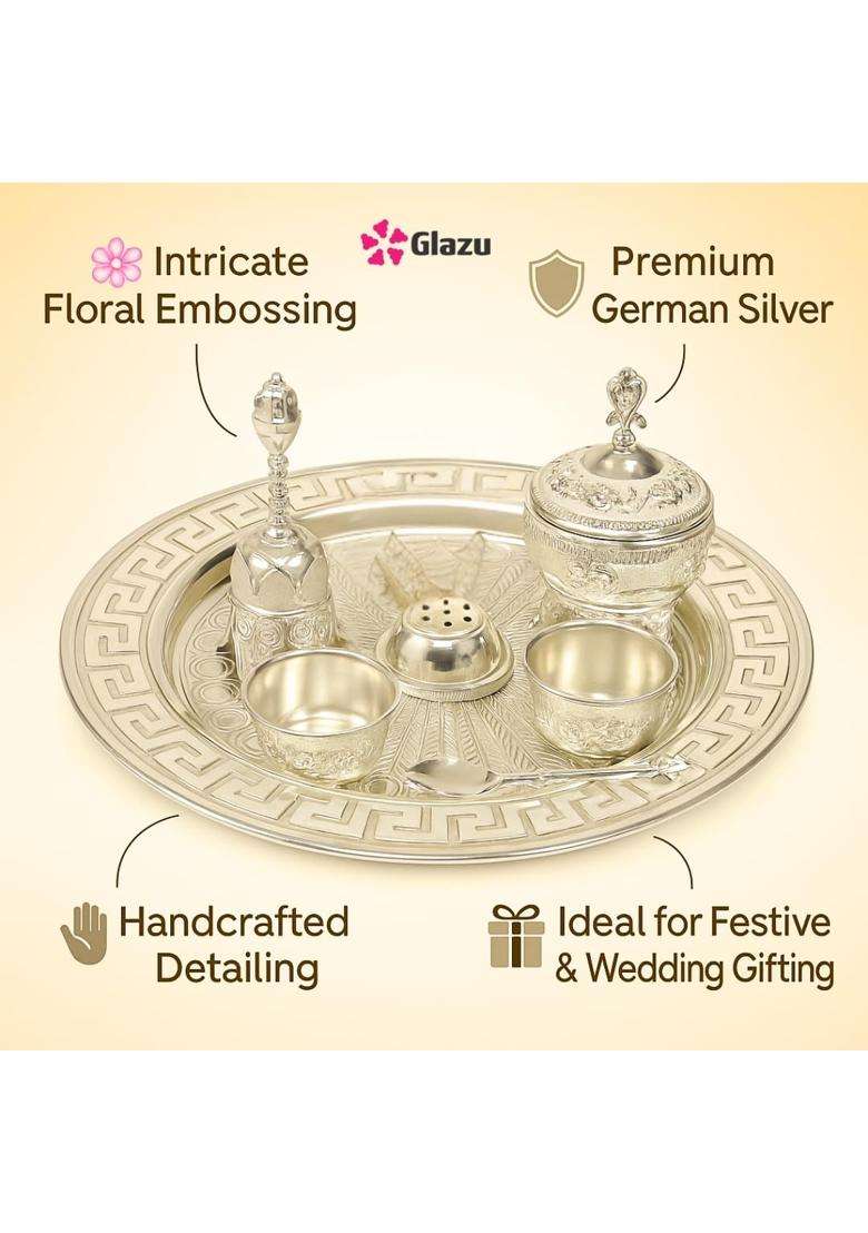 Glazu Premium German Silver Pooja Thali Set Lidded Pot Bowl Two Cups Shaker - Indya
