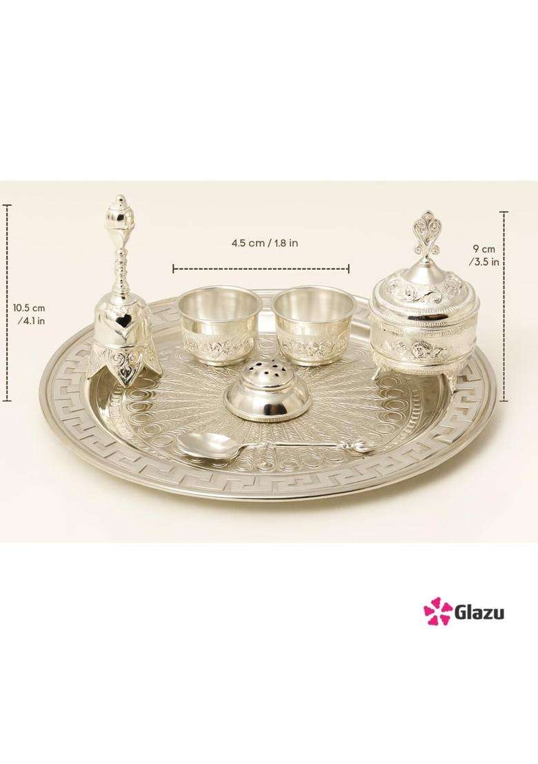 Glazu Premium German Silver Pooja Thali Set Lidded Pot Bowl Two Cups Shaker - Indya
