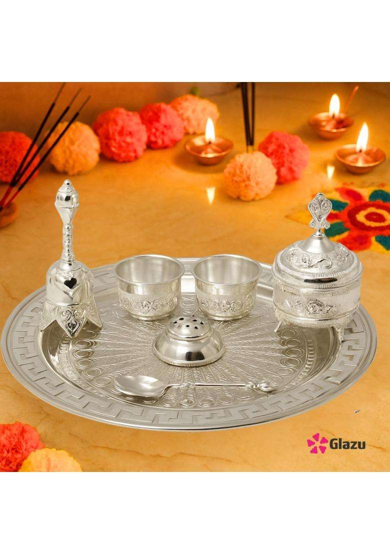 Glazu Premium German Silver Pooja Thali Set Lidded Pot Bowl Two Cups Shaker - Indya
