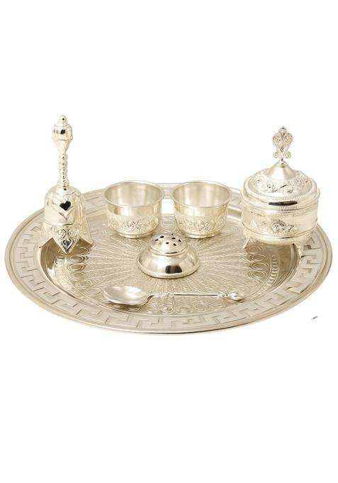 Glazu Premium German Silver Pooja Thali Set Lidded Pot Bowl Two Cups Shaker