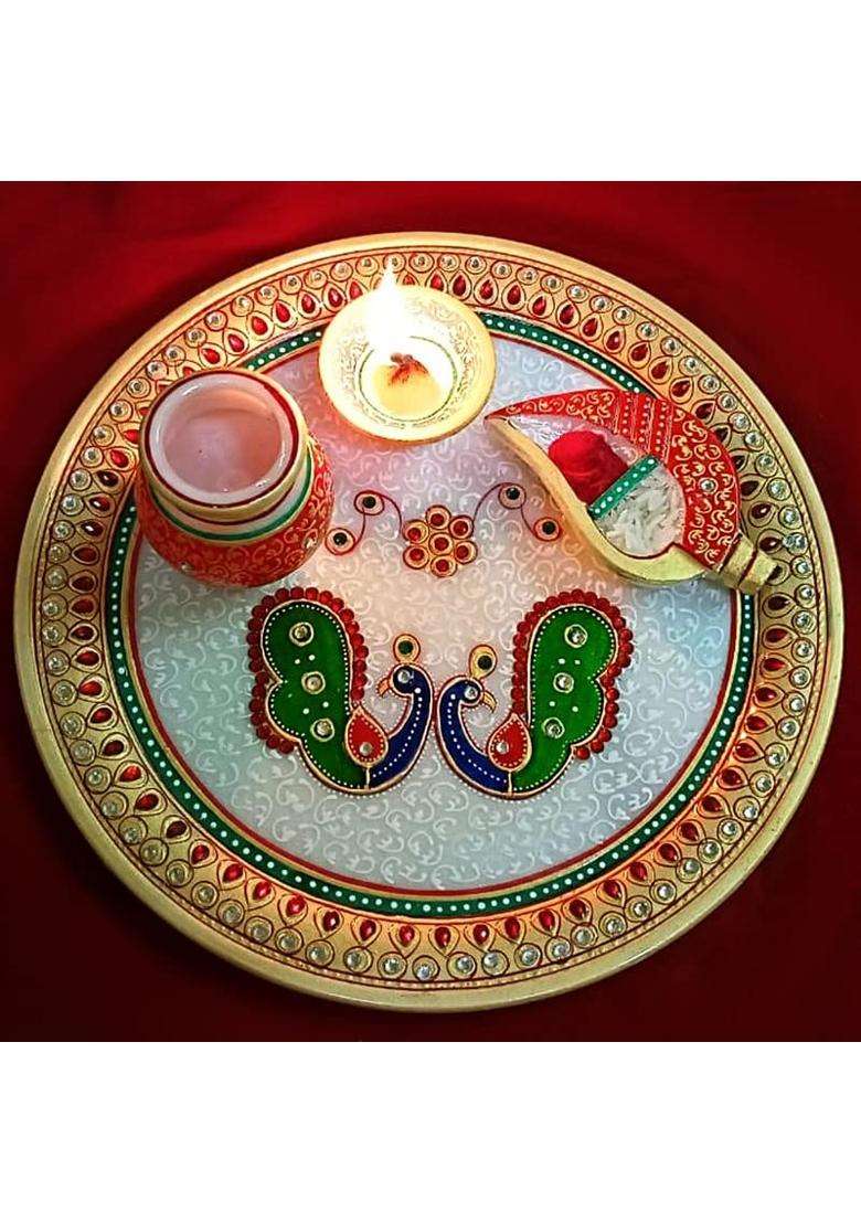 Handicraft Kingdom Plates for Return Gifts for Puja with Rolli Chawal Holder Small Lota Diya and Aarti Book - Indya