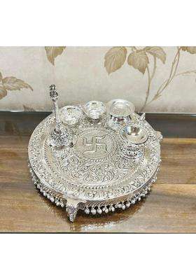 Mishita Collections German Silver Hand Engraved Swastik Pooja Thali with Heavy Elephant Trunk Legs and Ghungru