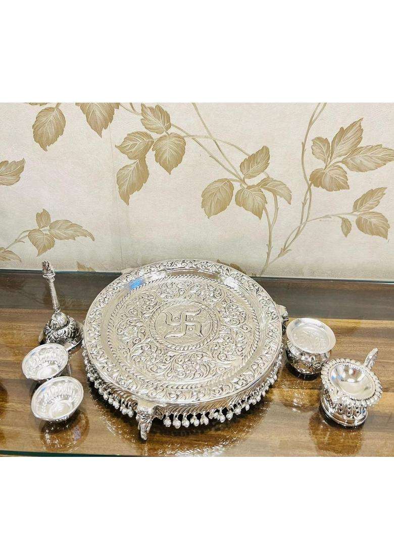 Mishita Collections German Silver Hand Engraved Swastik Pooja Thali with Heavy Elephant Trunk Legs and Ghungru - Indya