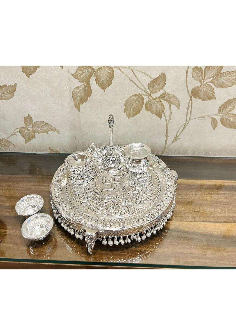 Mishita Collections German Silver Hand Engraved Swastik Pooja Thali with Heavy Elephant Trunk Legs and Ghungru - Indya