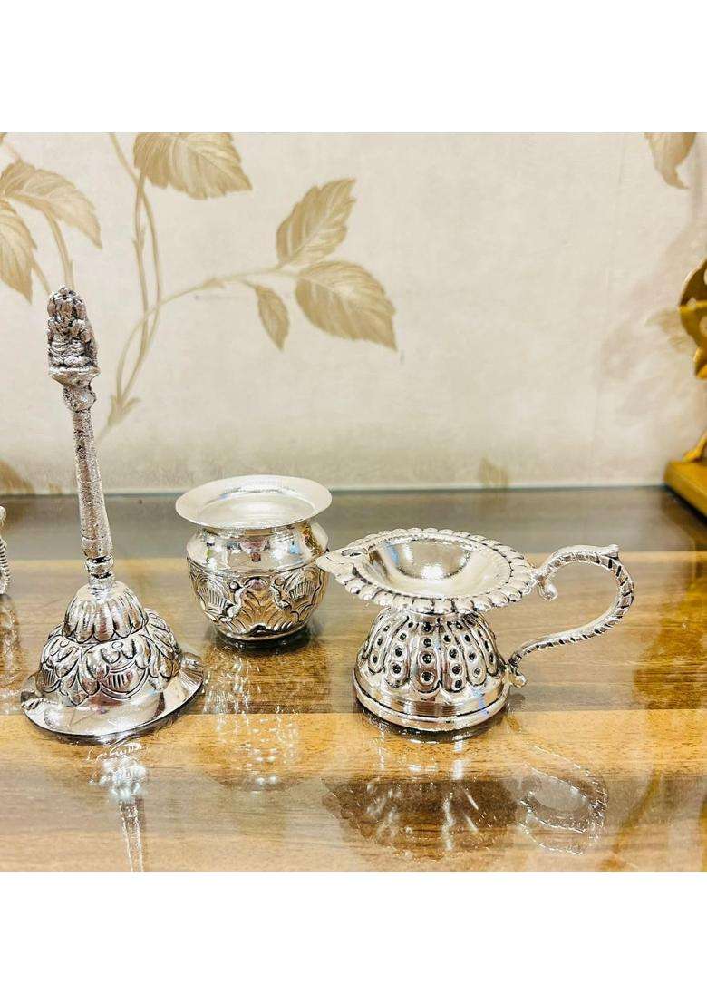 Mishita Collections German Silver Hand Engraved Swastik Pooja Thali with Heavy Elephant Trunk Legs and Ghungru - Indya
