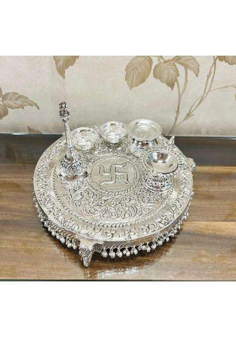 Mishita Collections German Silver Hand Engraved Swastik Pooja Thali with Heavy Elephant Trunk Legs and Ghungru