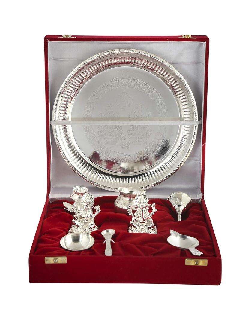 Giftcity Silver Plated Pooja Thali Set Occasional Gift Pooja Thali Decorative Wedding Gift - Indya