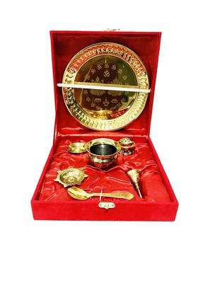Kunal Art and Crafts Gold Pooja Thali Set Bhog Thali Set Bell Lota Jyot Vati Spoon Aggarbatti Stand