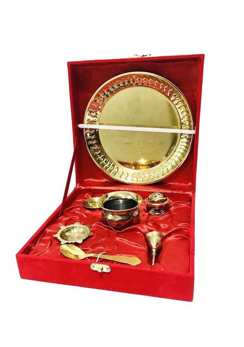 Kunal Art and Crafts Gold Pooja Thali Set Bhog Thali Set Bell Lota Jyot Vati Spoon Aggarbatti Stand - Indya