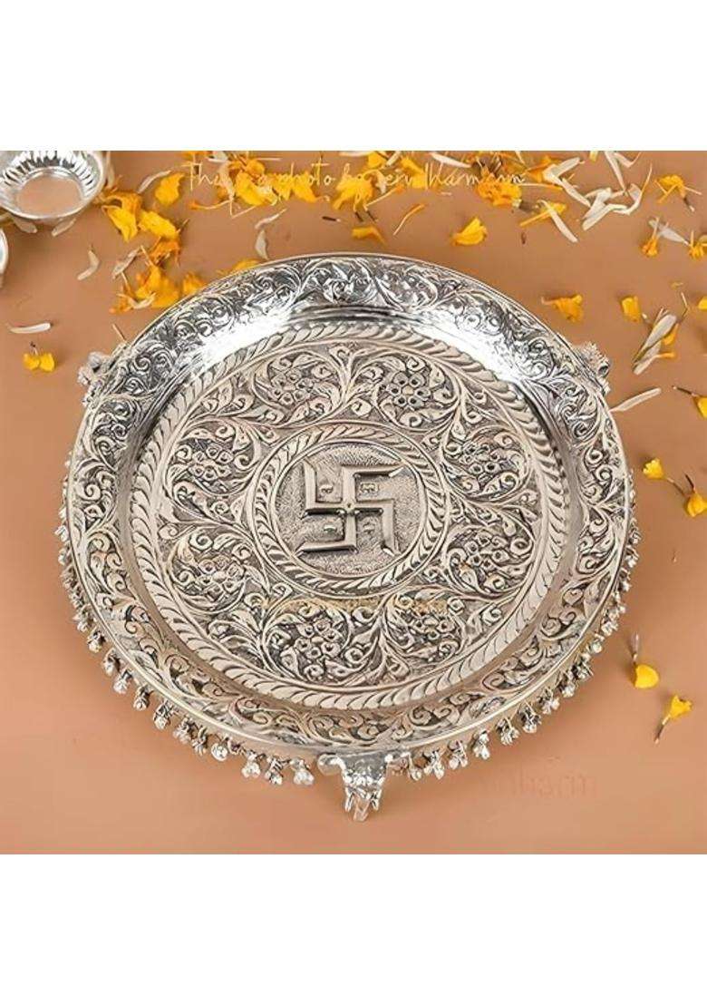 Shivisoni German Silver Pooja Aarti Thali with Full Ghungroo Layer Home Temple Mandir Set of 6 - Indya