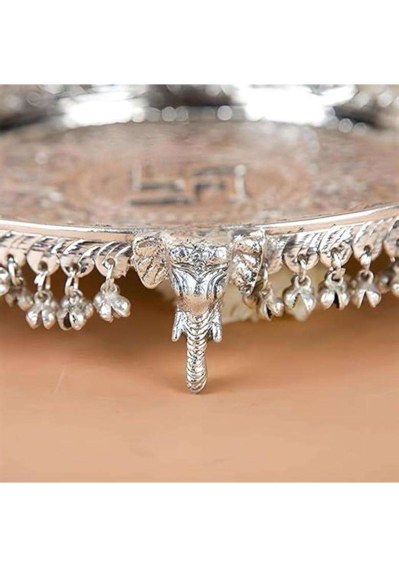 Shivisoni German Silver Pooja Aarti Thali with Full Ghungroo Layer Home Temple Mandir Set of 6 - Indya