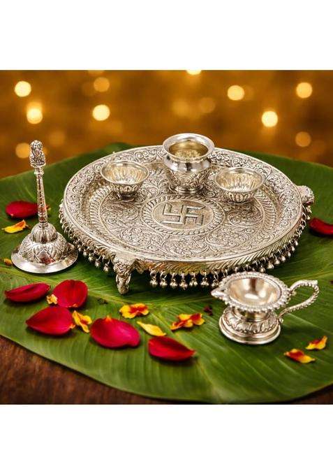 Shivisoni German Silver Pooja Aarti Thali with Full Ghungroo Layer Home Temple Mandir Set of 6