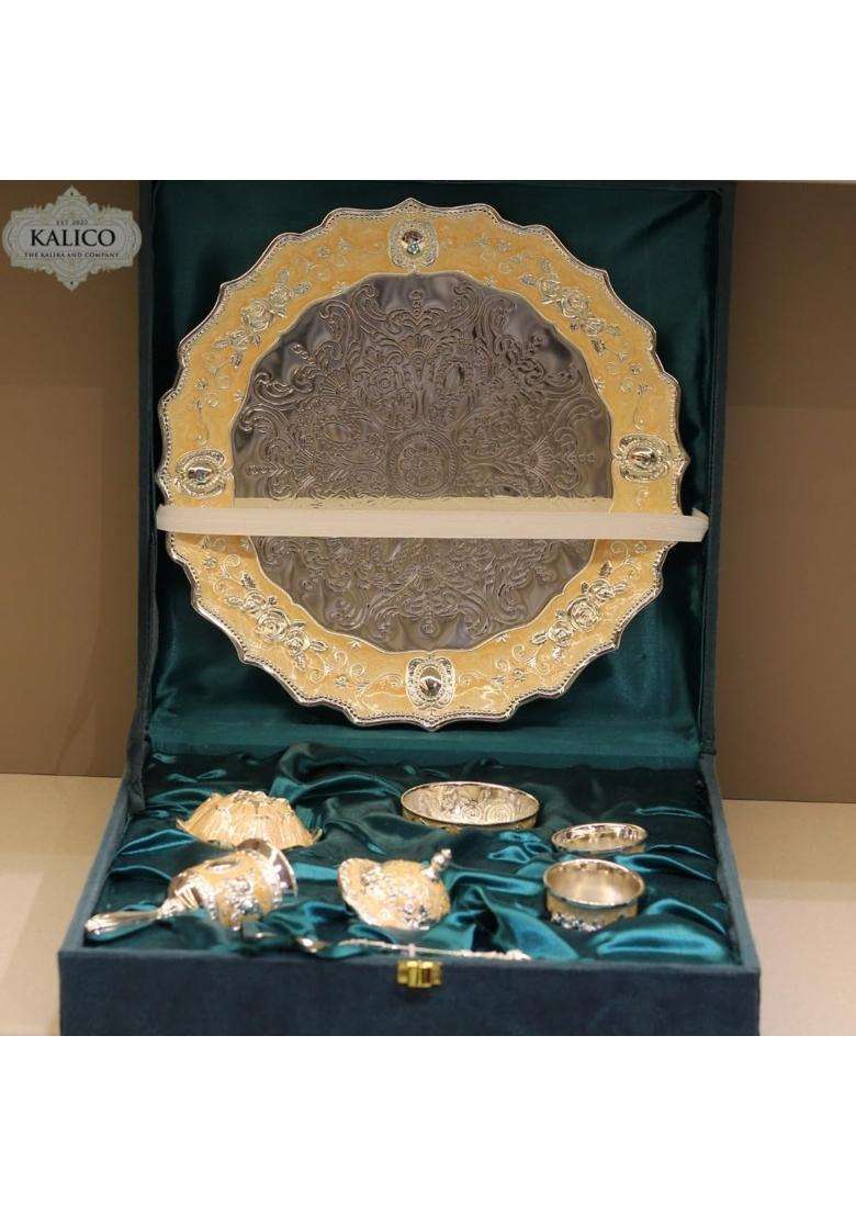 Kalico German Silver Pooja Thali with Box Set of 7 - Indya