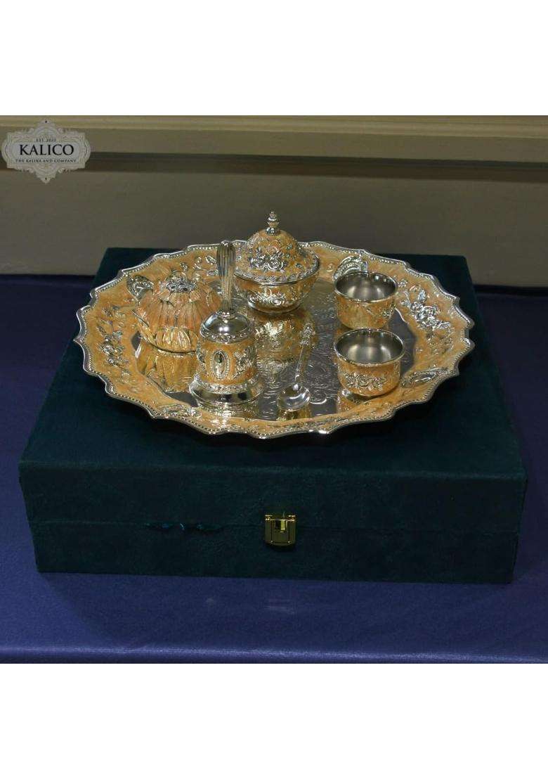 Kalico German Silver Pooja Thali with Box Set of 7 - Indya